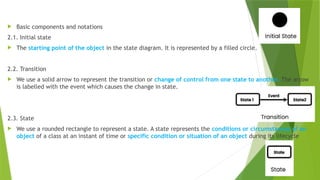  Basic components and notations
2.1. Initial state
 The starting point of the object in the state diagram. It is represented by a filled circle.
2.2. Transition
 We use a solid arrow to represent the transition or change of control from one state to another. The arrow
is labelled with the event which causes the change in state.
2.3. State
 We use a rounded rectangle to represent a state. A state represents the conditions or circumstances of an
object of a class at an instant of time or specific condition or situation of an object during its lifecycle
 