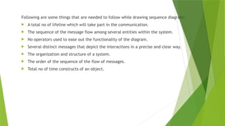 Following are some things that are needed to follow while drawing sequence diagram:
 A total no of lifeline which will take part in the communication.
 The sequence of the message flow among several entities within the system.
 No operators used to ease out the functionality of the diagram.
 Several distinct messages that depict the interactions in a precise and clear way.
 The organization and structure of a system.
 The order of the sequence of the flow of messages.
 Total no of time constructs of an object.
 