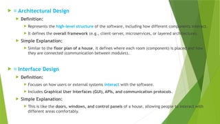  📌 Architectural Design
 Definition:
 Represents the high-level structure of the software, including how different components interact.
 It defines the overall framework (e.g., client-server, microservices, or layered architecture).
 Simple Explanation:
 Similar to the floor plan of a house, it defines where each room (component) is placed and how
they are connected (communication between modules).
 📌 Interface Design
 Definition:
 Focuses on how users or external systems interact with the software.
 Includes Graphical User Interfaces (GUI), APIs, and communication protocols.
 Simple Explanation:
 This is like the doors, windows, and control panels of a house, allowing people to interact with
different areas comfortably.
 