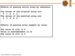 ©LPU CSE101 C Programming
Effects of passing entire array by reference:
The values of the original array are:
0 1 2 3 4
The values of the modified array are:
0 2 4 6 8
Effects of passing array element by value:
The value of a[3] is 6
Value in modifyElement is 12
The value of a[3] is 6
 