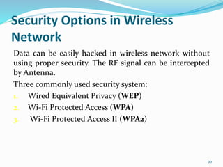 Security Options in Wireless
Network
Data can be easily hacked in wireless network without
using proper security. The RF signal can be intercepted
by Antenna.
Three commonly used security system:
1. Wired Equivalent Privacy (WEP)
2. Wi-Fi Protected Access (WPA)
3. Wi-Fi Protected Access II (WPA2)
20
 
