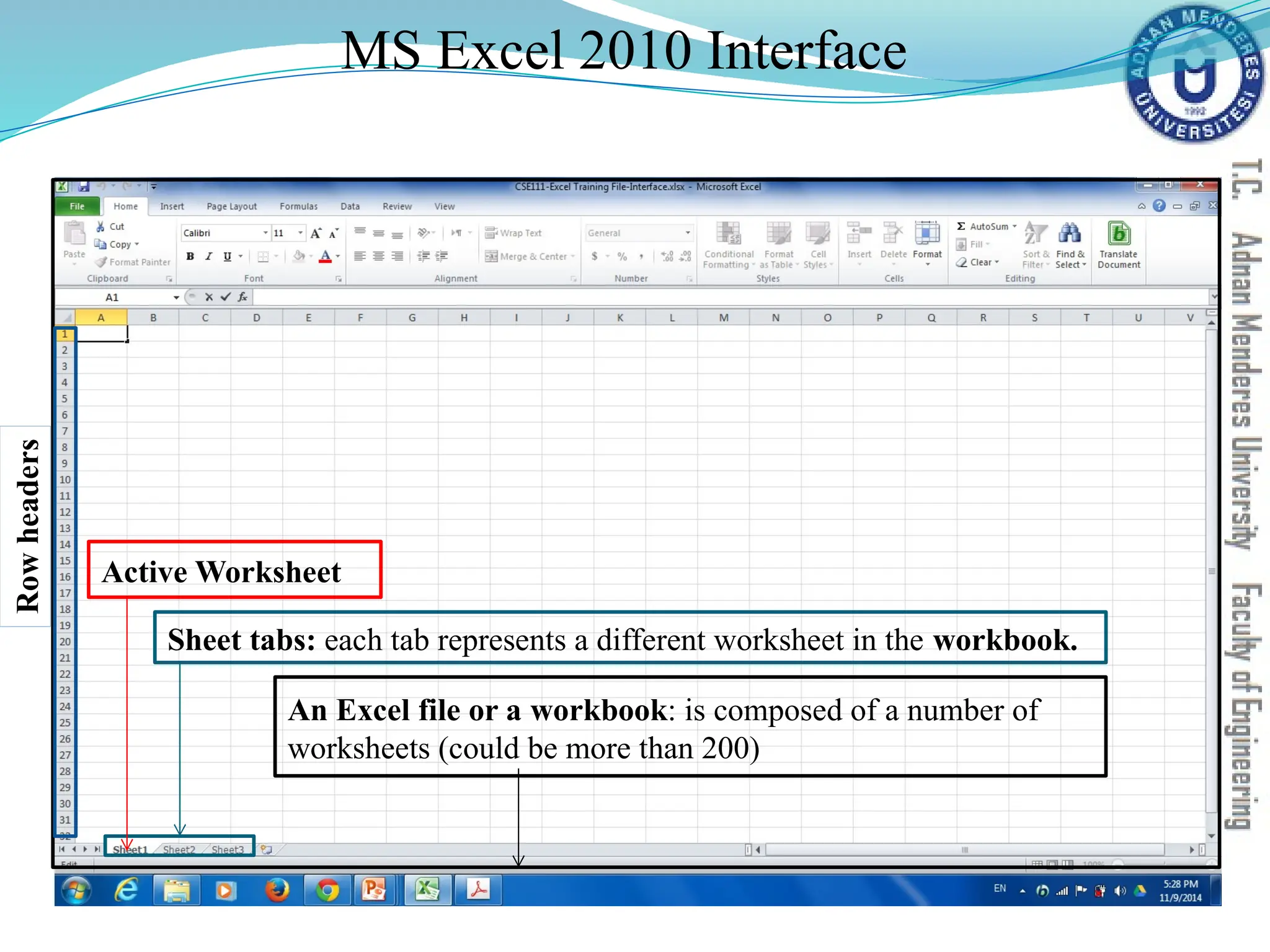 MS Excel 2010 Interface
An Excel file or a workbook: is composed of a number of
worksheets (could be more than 200)
Sheet tabs: each tab represents a different worksheet in the workbook.
Active Worksheet
Row
headers
 