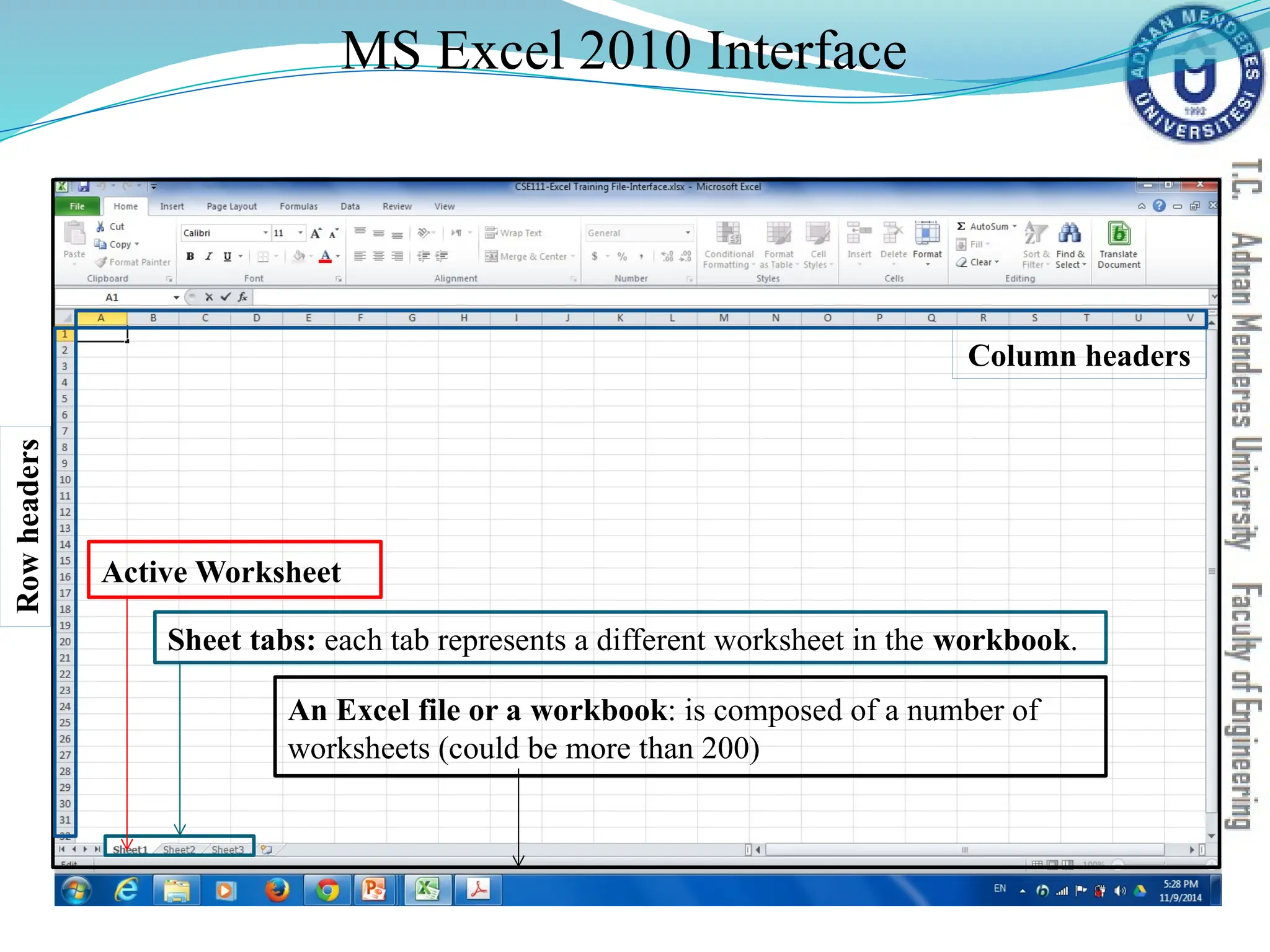 MS Excel 2010 Interface
An Excel file or a workbook: is composed of a number of
worksheets (could be more than 200)
Sheet tabs: each tab represents a different worksheet in the workbook.
Active Worksheet
Row
headers
Column headers
 