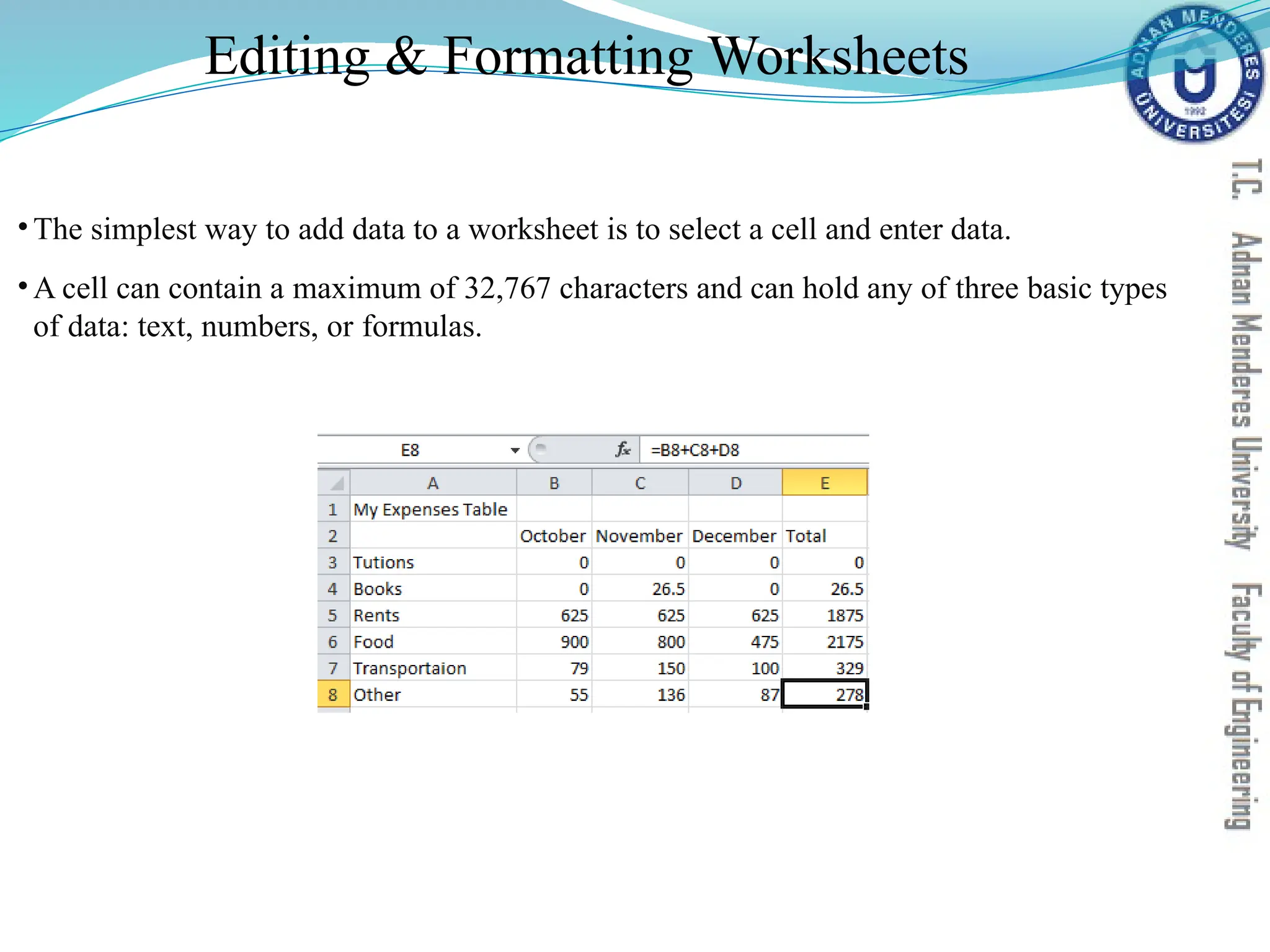 Editing & Formatting Worksheets
•The simplest way to add data to a worksheet is to select a cell and enter data.
•A cell can contain a maximum of 32,767 characters and can hold any of three basic types
of data: text, numbers, or formulas.
 