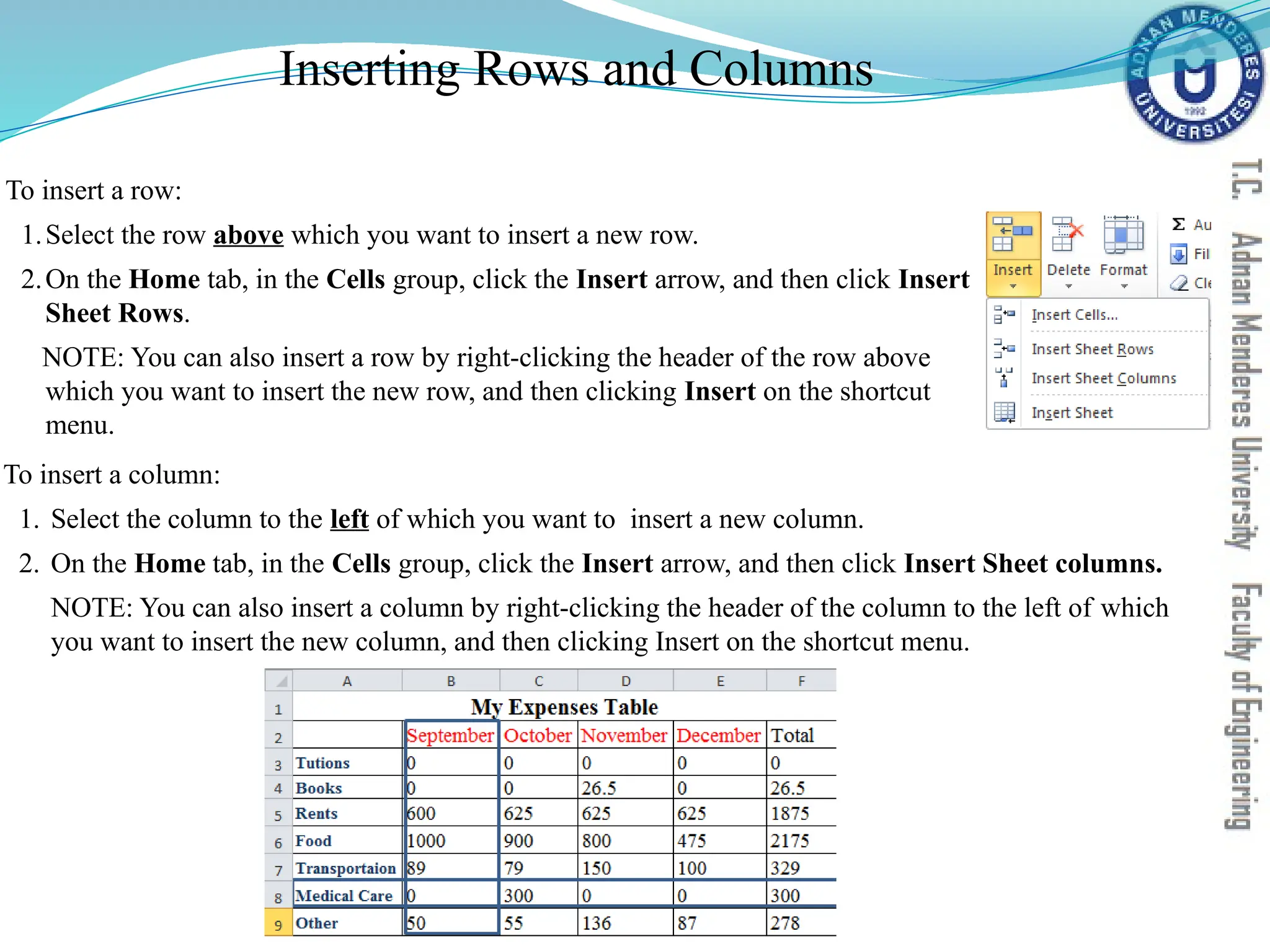 Inserting Rows and Columns
To insert a column:
1. Select the column to the left of which you want to insert a new column.
2. On the Home tab, in the Cells group, click the Insert arrow, and then click Insert Sheet columns.
NOTE: You can also insert a column by right-clicking the header of the column to the left of which
you want to insert the new column, and then clicking Insert on the shortcut menu.
To insert a row:
1.Select the row above which you want to insert a new row.
2.On the Home tab, in the Cells group, click the Insert arrow, and then click Insert
Sheet Rows.
NOTE: You can also insert a row by right-clicking the header of the row above
which you want to insert the new row, and then clicking Insert on the shortcut
menu.
 