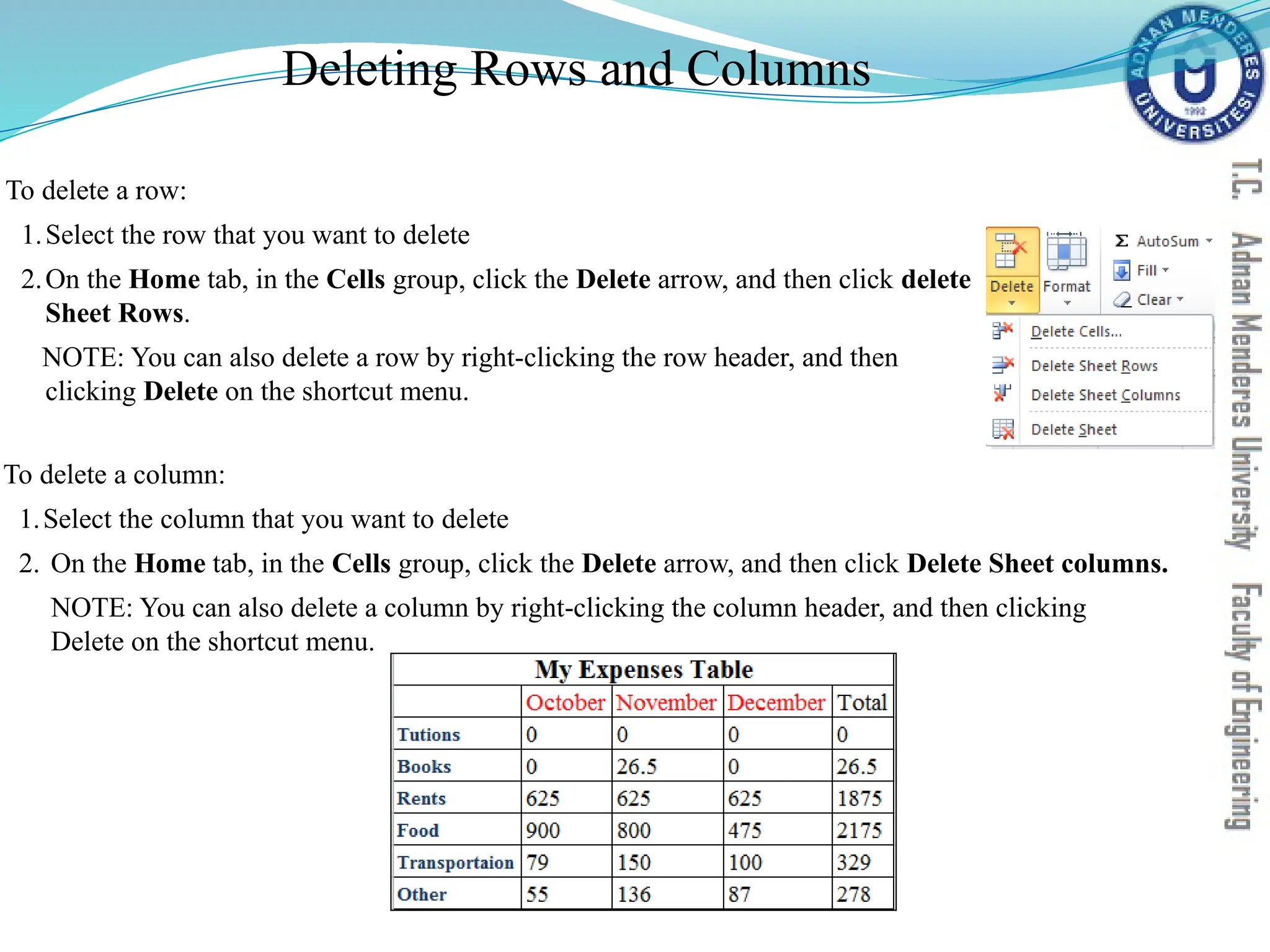 Deleting Rows and Columns
To delete a column:
1.Select the column that you want to delete
2. On the Home tab, in the Cells group, click the Delete arrow, and then click Delete Sheet columns.
NOTE: You can also delete a column by right-clicking the column header, and then clicking
Delete on the shortcut menu.
To delete a row:
1.Select the row that you want to delete
2.On the Home tab, in the Cells group, click the Delete arrow, and then click delete
Sheet Rows.
NOTE: You can also delete a row by right-clicking the row header, and then
clicking Delete on the shortcut menu.
 