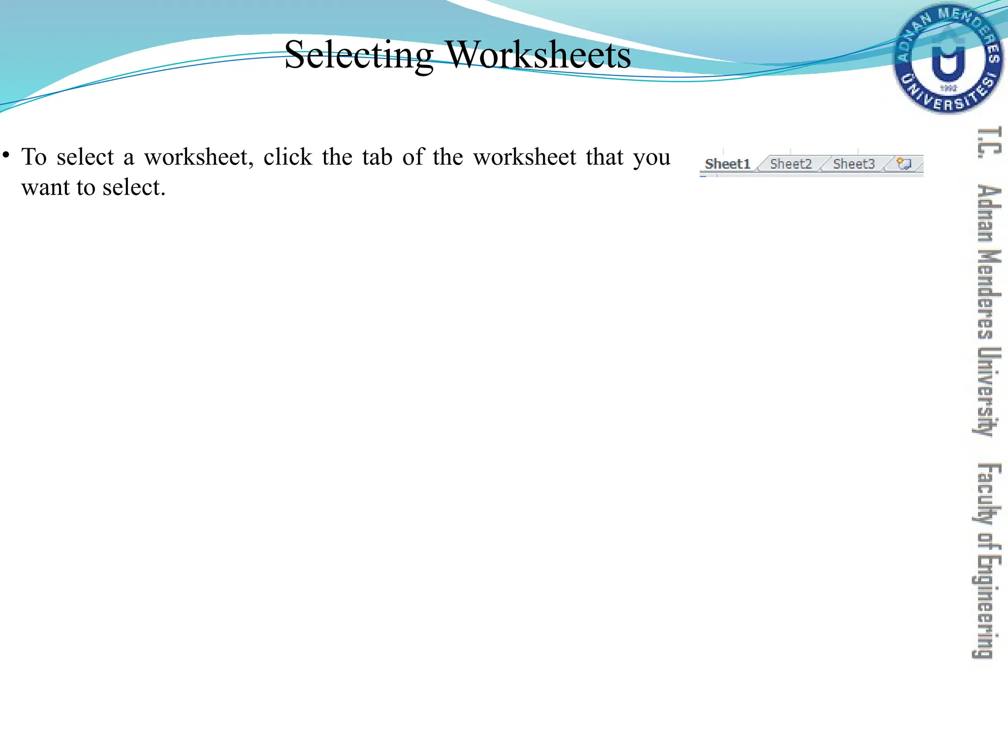 Selecting Worksheets
• To select a worksheet, click the tab of the worksheet that you
want to select.
 