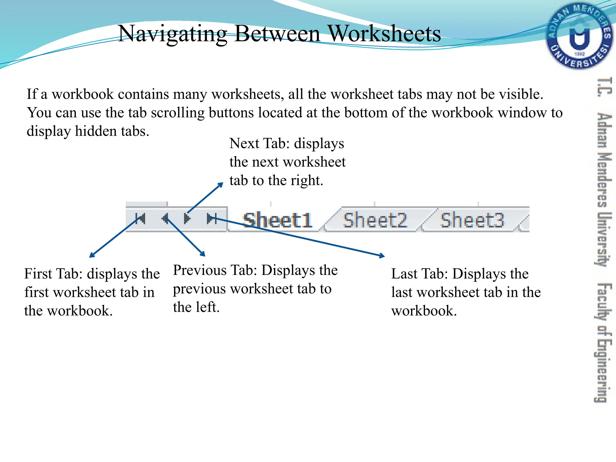 Navigating Between Worksheets
First Tab: displays the
first worksheet tab in
the workbook.
Previous Tab: Displays the
previous worksheet tab to
the left.
Next Tab: displays
the next worksheet
tab to the right.
Last Tab: Displays the
last worksheet tab in the
workbook.
If a workbook contains many worksheets, all the worksheet tabs may not be visible.
You can use the tab scrolling buttons located at the bottom of the workbook window to
display hidden tabs.
 