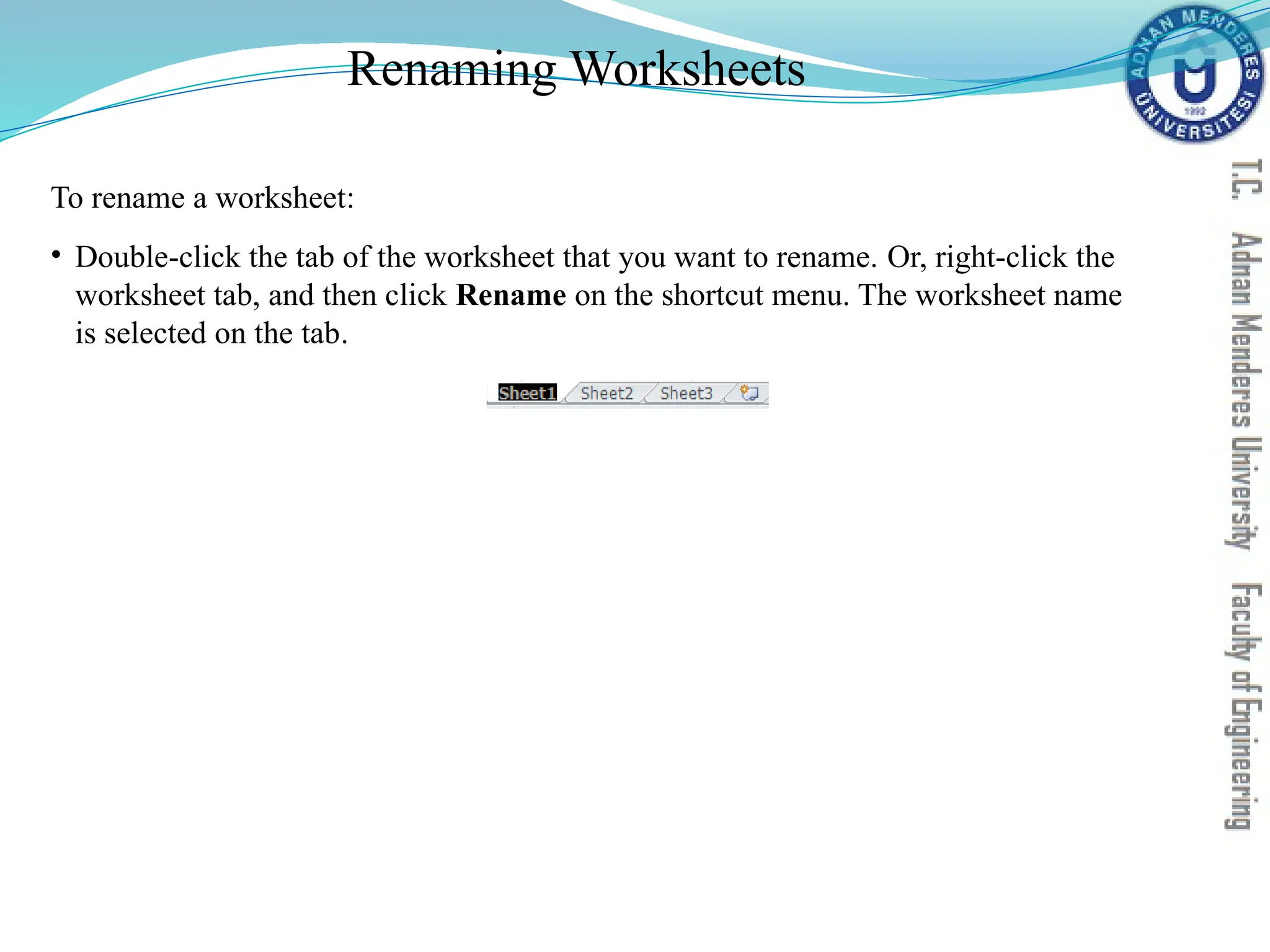 Renaming Worksheets
To rename a worksheet:
• Double-click the tab of the worksheet that you want to rename. Or, right-click the
worksheet tab, and then click Rename on the shortcut menu. The worksheet name
is selected on the tab.
 