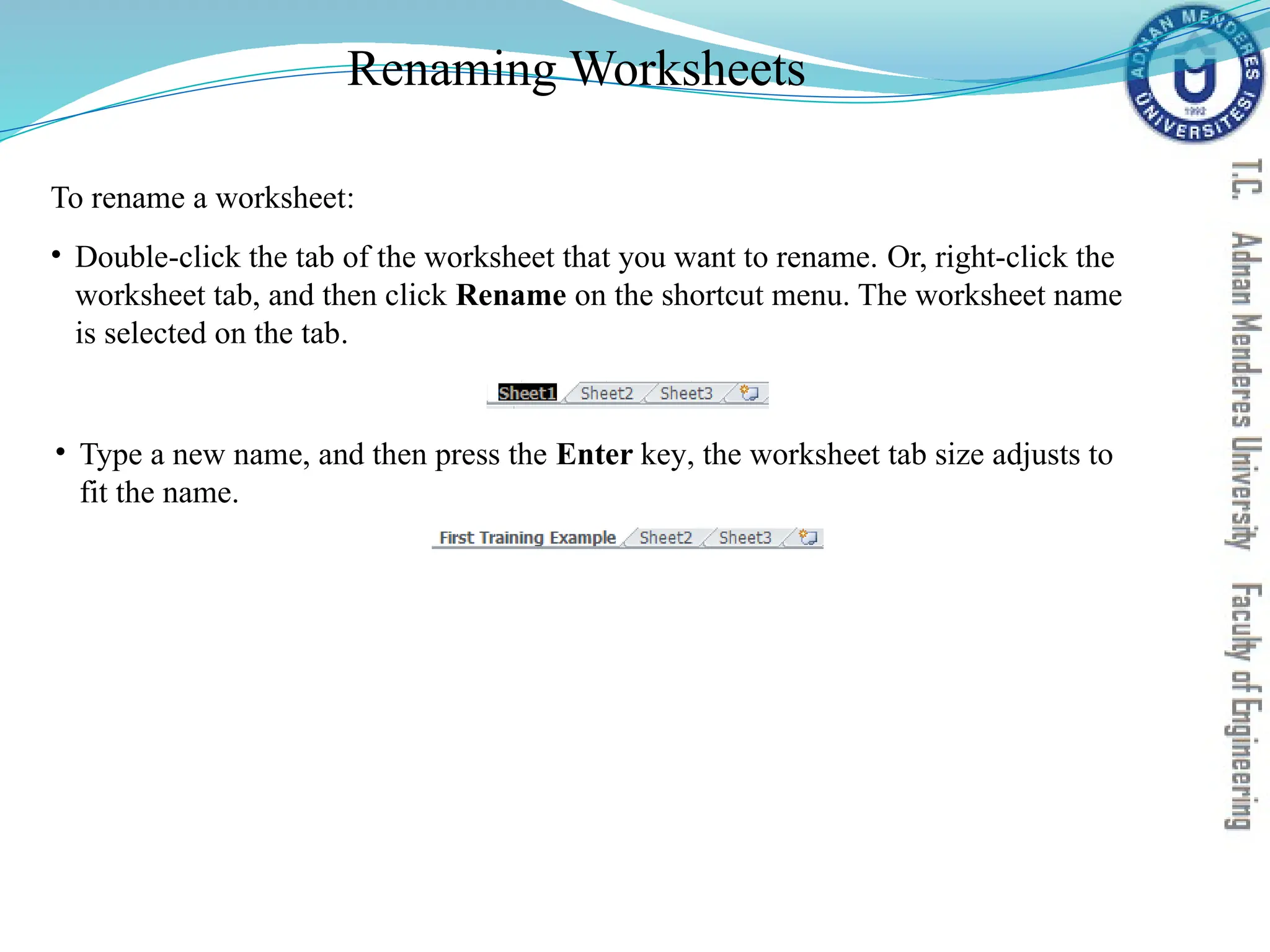 Renaming Worksheets
• Type a new name, and then press the Enter key, the worksheet tab size adjusts to
fit the name.
To rename a worksheet:
• Double-click the tab of the worksheet that you want to rename. Or, right-click the
worksheet tab, and then click Rename on the shortcut menu. The worksheet name
is selected on the tab.
 