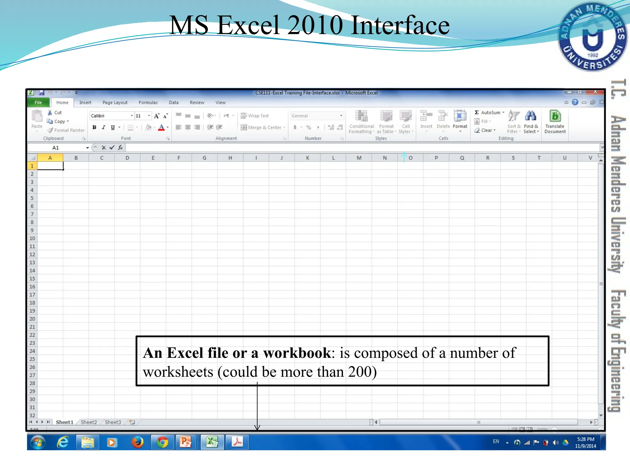 MS Excel 2010 Interface
An Excel file or a workbook: is composed of a number of
worksheets (could be more than 200)
 