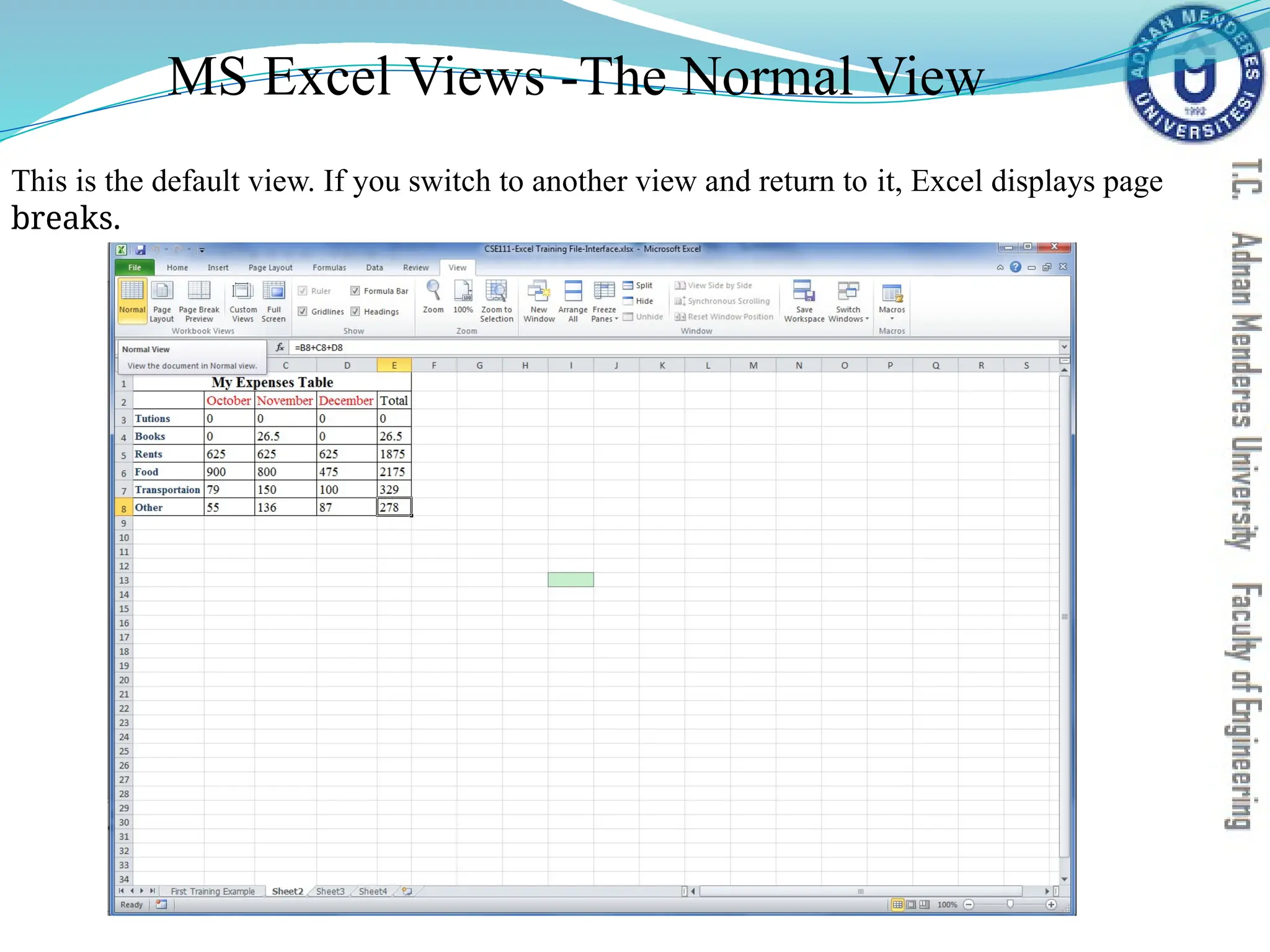 MS Excel Views -The Normal View
This is the default view. If you switch to another view and return to it, Excel displays page
breaks.
 