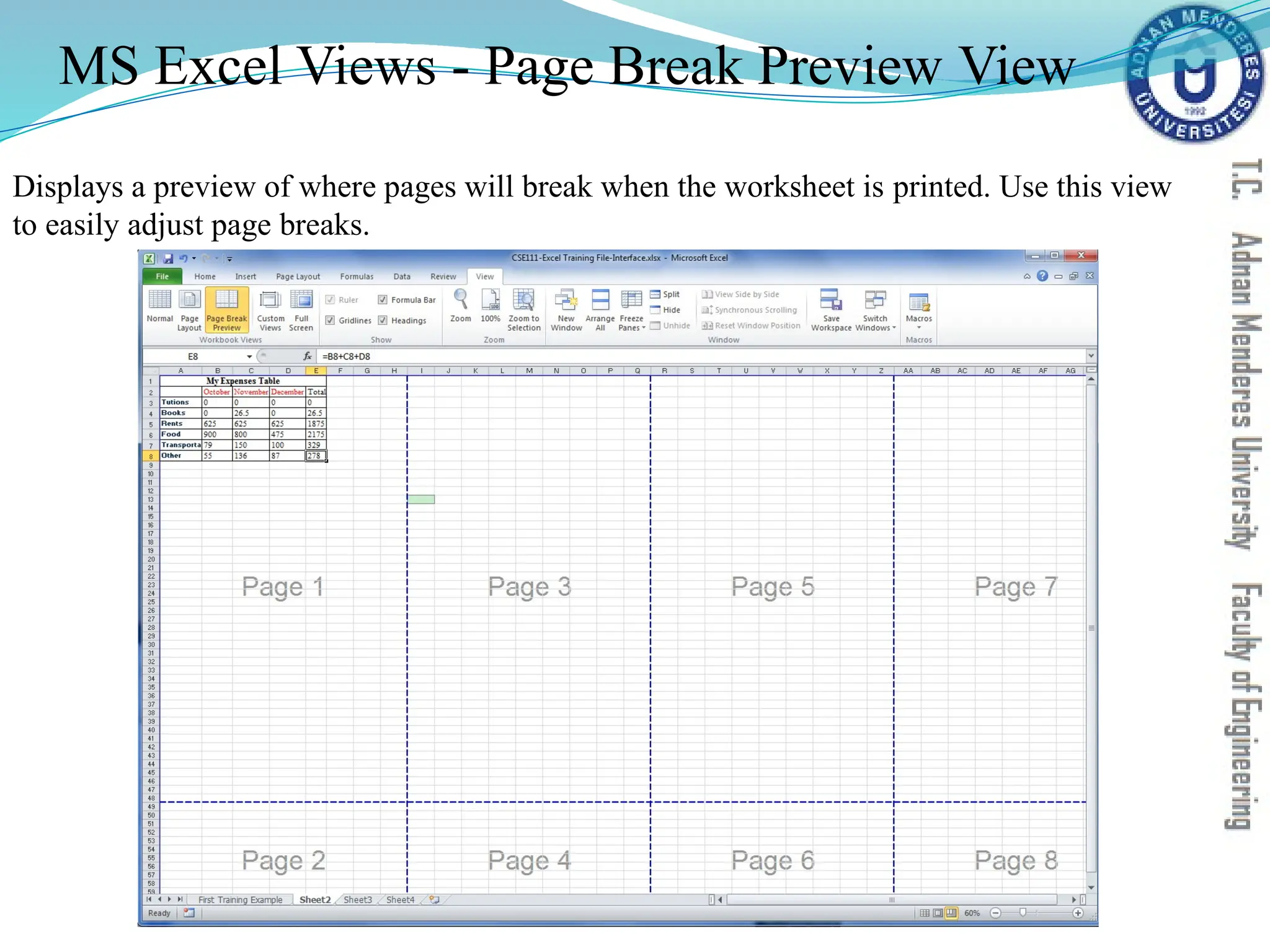 MS Excel Views - Page Break Preview View
Displays a preview of where pages will break when the worksheet is printed. Use this view
to easily adjust page breaks.
 