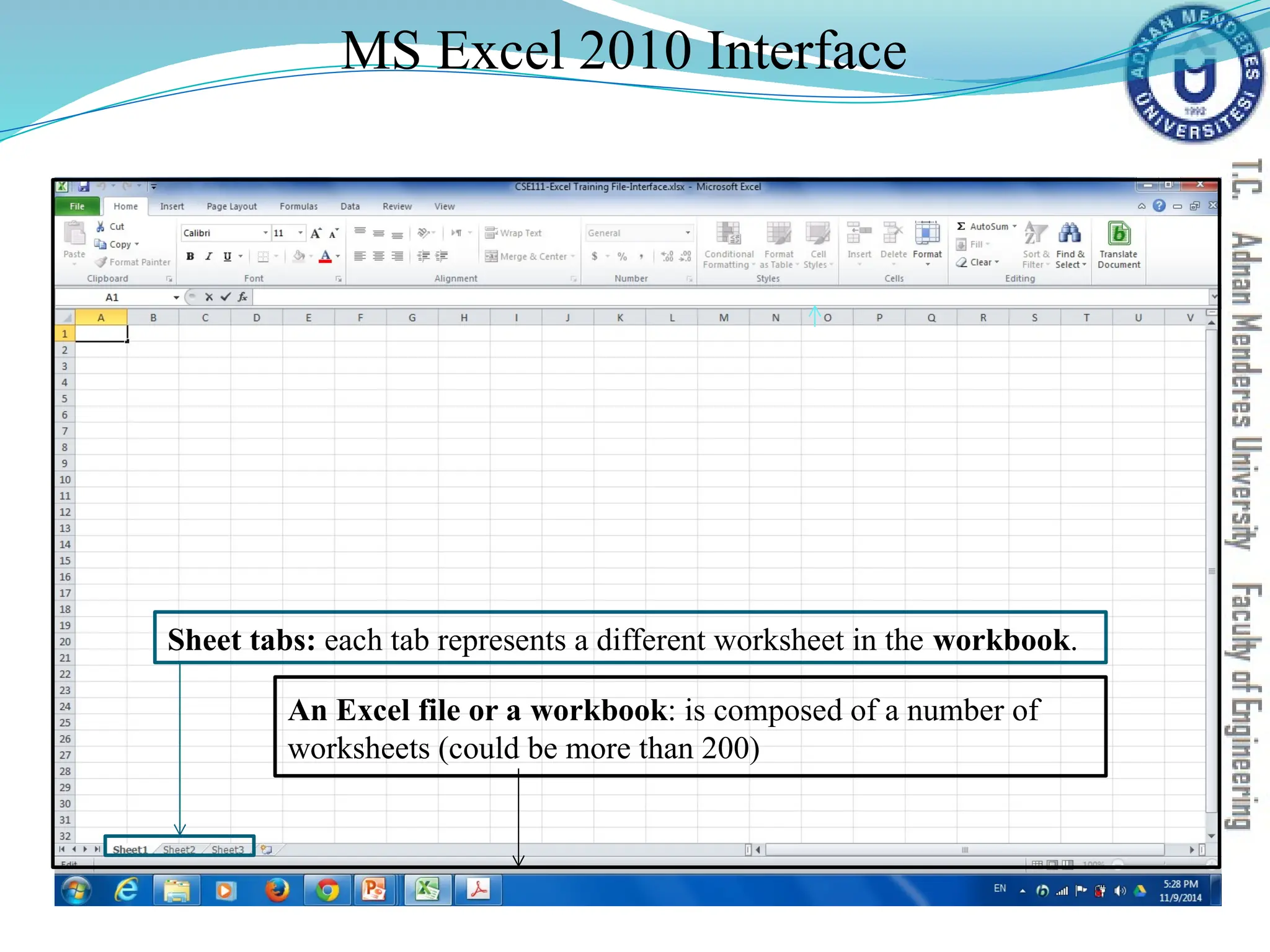 MS Excel 2010 Interface
An Excel file or a workbook: is composed of a number of
worksheets (could be more than 200)
Sheet tabs: each tab represents a different worksheet in the workbook.
 