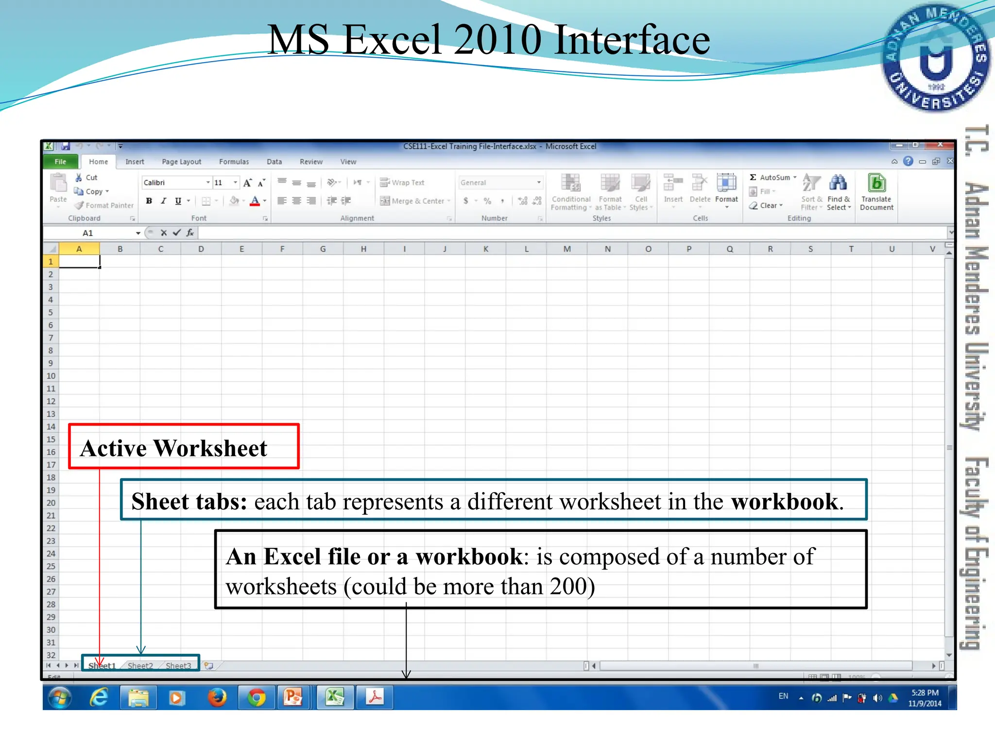 MS Excel 2010 Interface
An Excel file or a workbook: is composed of a number of
worksheets (could be more than 200)
Sheet tabs: each tab represents a different worksheet in the workbook.
Active Worksheet
 