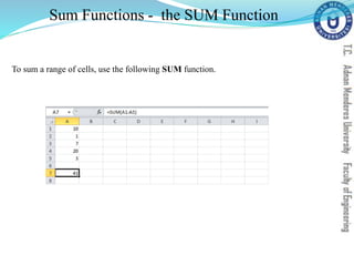 Sum Functions - the SUM Function
To sum a range of cells, use the following SUM function.
 