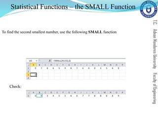 Statistical Functions – the SMALL Function
To find the second smallest number, use the following SMALL function
Check:
 