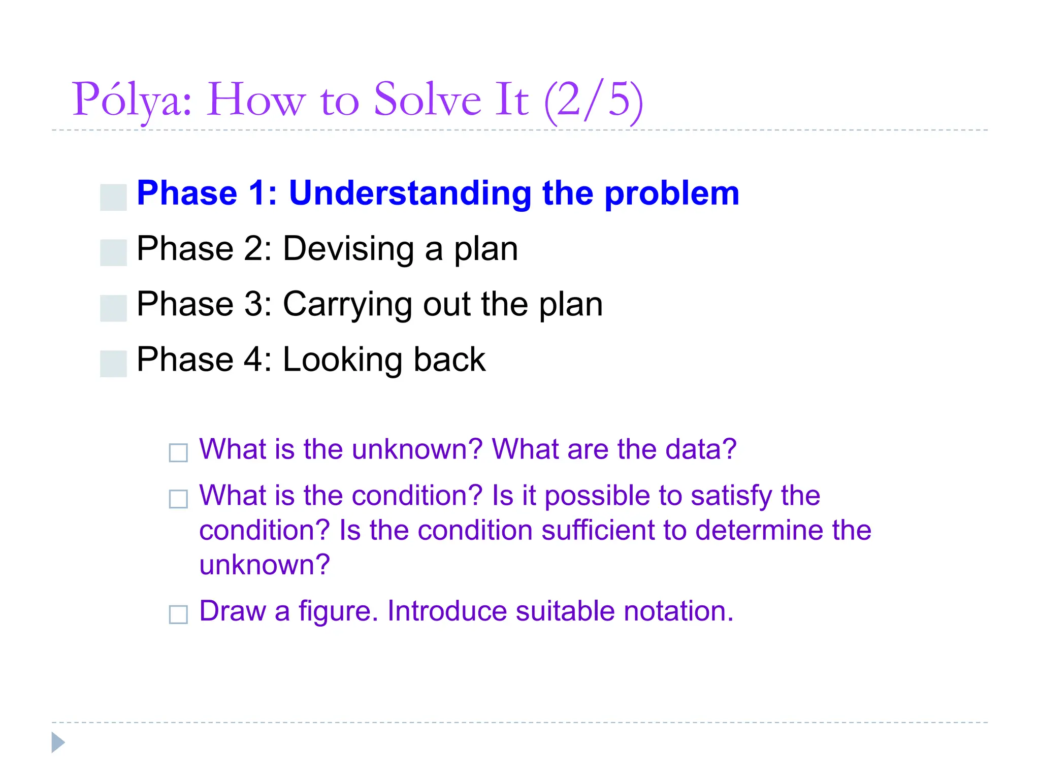 Pólya: How to Solve It (2/5)
■ Phase 1: Understanding the problem
■ Phase 2: Devising a plan
■ Phase 3: Carrying out the plan
■ Phase 4: Looking back
◻ What is the unknown? What are the data?
◻ What is the condition? Is it possible to satisfy the
condition? Is the condition sufficient to determine the
unknown?
◻ Draw a figure. Introduce suitable notation.
 