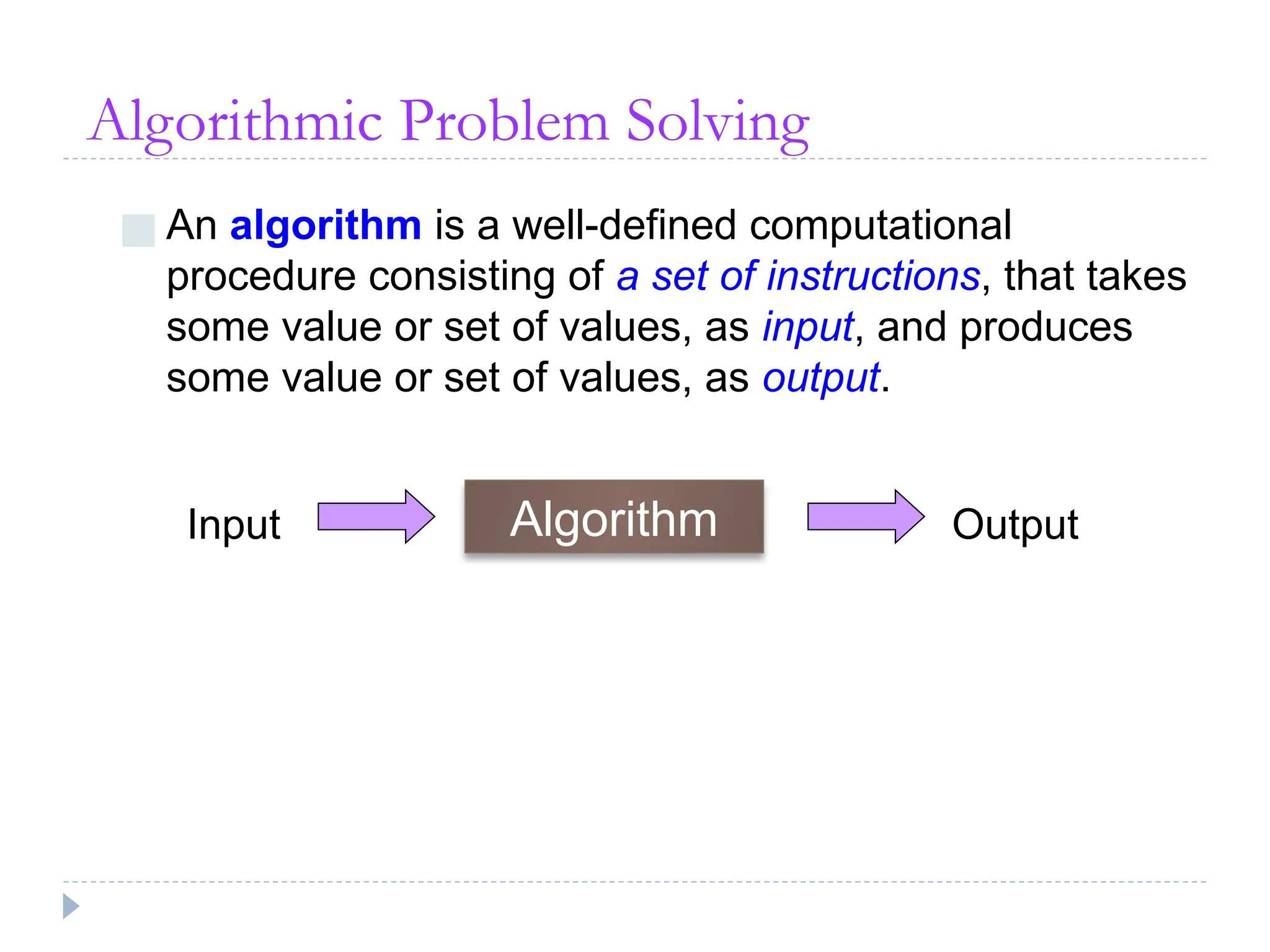Algorithmic Problem Solving
■ An algorithm is a well-defined computational
procedure consisting of a set of instructions, that takes
some value or set of values, as input, and produces
some value or set of values, as output.
Input Output
Algorithm
 