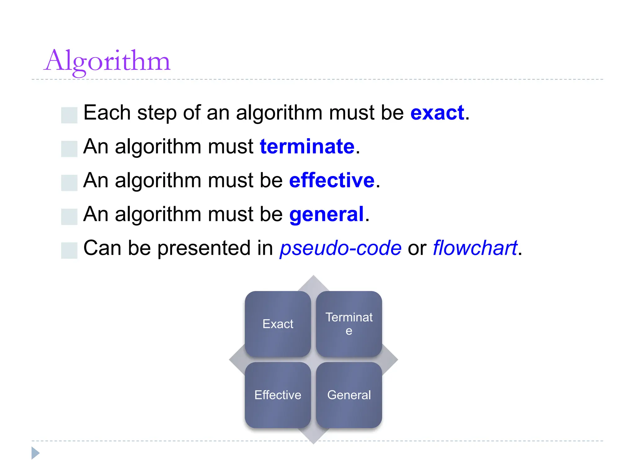 Algorithm
■ Each step of an algorithm must be exact.
■ An algorithm must terminate.
■ An algorithm must be effective.
■ An algorithm must be general.
■ Can be presented in pseudo-code or flowchart.
Exact
Terminat
e
Effective General
 