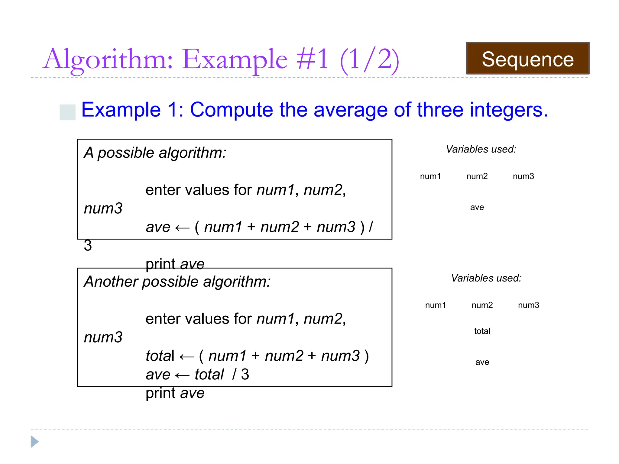 Algorithm: Example #1 (1/2)
■ Example 1: Compute the average of three integers.
A possible algorithm:
enter values for num1, num2,
num3
ave ← ( num1 + num2 + num3 ) /
3
print ave
num1
Variables used:
num2 num3
ave
Another possible algorithm:
enter values for num1, num2,
num3
total ← ( num1 + num2 + num3 )
ave ← total / 3
print ave
num1
Variables used:
num2 num3
ave
total
Sequence
 