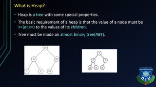 What is Heap?
• Heap is a tree with some special properties.
• The basic requirement of a heap is that the value of a node must be
>=(or,<=) to the values of its children.
• Tree must be made an almost binary tree(ABT).
 