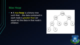Max Heap
• ● A max-heap is a binary tree
such that. - the data contained in
each node is greater than (or
equal to) the data in that node's
children
 