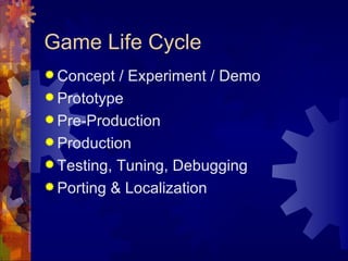 Game Life Cycle
 Concept  / Experiment / Demo
 Prototype
 Pre-Production
 Production
 Testing, Tuning, Debugging
 Porting & Localization
 