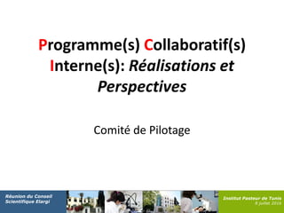 Comité de Pilotage
Programme(s) Collaboratif(s)
Interne(s): Réalisations et
Perspectives
Institut Pasteur de Tunis
8 juillet 2016
Réunion du Conseil
Scientifique Elargi
 