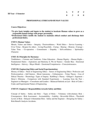 PROFESSIONAL ETHICSAND HUMAN VALUES
Course Objectives:
*To give basic insights and inputs to the student to inculcate Human values to grow as a
responsible human beings with proper personality.
*Professional Ethics instills the student to maintain ethical conduct and discharge their
professional duties.
UNIT I: Human Values:
Morals, Values and Ethics – Integrity –Trustworthiness - Work Ethics – Service Learning –
Civic Virtue – Respect for others – Living Peacefully – Caring – Sharing – Honesty –Courage –
Value Time – Co-operation – Commitment – Empathy – Self-confidence – Spirituality-
Character.
UNIT: II: Principles for Harmony:
Truthfulness – Customs and Traditions -Value Education – Human Dignity – Human Rights –
Fundamental Duties - Aspirations and Harmony (I, We & Nature) – Gender Bias - Emotional
Intelligence – Salovey – Mayer Model – Emotional Competencies – Conscientiousness.
UNIT III: Engineering Ethics and Social Experimentation:
History of Ethics - Need of Engineering Ethics - Senses of Engineering Ethics- Profession and
Professionalism ––Self Interest - Moral Autonomy – Utilitarianism – Virtue Theory - Uses of
Ethical Theories - Deontology- Types of Inquiry –Kohlberg’s Theory - Gilligan’s Argument –
Heinz’s Dilemma - Comparison with Standard Experiments –– Learning from the Past –
Engineers as Managers – Consultants and Leaders – Balanced Outlook on Law - Role of Codes –
Codes and Experimental Nature of Engineering.
UNIT IV: Engineers’ Responsibilities towards Safety and Risk:
Concept of Safety - Safety and Risk – Types of Risks – Voluntary v/sInvoluntary Risk –
Consequences - Risk Assessment – Accountability – Liability - Reversible Effects - Threshold
Levels of Risk - Delayed v/sImmediate Risk - Safety and the Engineer – Designing for Safety –
Risk-Benefit Analysis-Accidents.
III Year – I Semester
L T P C
0 3 0 0
 