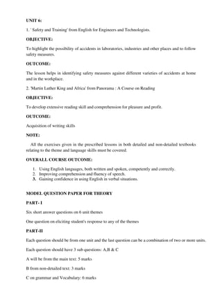 UNIT 6:
1. ' Safety and Training' from English for Engineers and Technologists.
OBJECTIVE:
To highlight the possibility of accidents in laboratories, industries and other places and to follow
safety measures.
OUTCOME:
The lesson helps in identifying safety measures against different varieties of accidents at home
and in the workplace.
2. 'Martin Luther King and Africa' from Panorama : A Course on Reading
OBJECTIVE:
To develop extensive reading skill and comprehension for pleasure and profit.
OUTCOME:
Acquisition of writing skills
NOTE:
All the exercises given in the prescribed lessons in both detailed and non-detailed textbooks
relating to the theme and language skills must be covered.
OVERALL COURSE OUTCOME:
1. Using English languages, both written and spoken, competently and correctly.
2. Improving comprehension and fluency of speech.
3. Gaining confidence in using English in verbal situations.
MODEL QUESTION PAPER FOR THEORY
PART- I
Six short answer questions on 6 unit themes
One question on eliciting student's response to any of the themes
PART-II
Each question should be from one unit and the last question can be a combination of two or more units.
Each question should have 3 sub questions: A,B & C
A will be from the main text: 5 marks
B from non-detailed text: 3 marks
C on grammar and Vocabulary: 6 marks
 