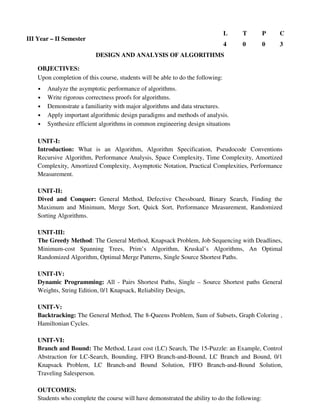 DESIGN AND ANALYSIS OF ALGORITHMS
OBJECTIVES:
Upon completion of this course, students will be able to do the following:
• Analyze the asymptotic performance of algorithms.
• Write rigorous correctness proofs for algorithms.
• Demonstrate a familiarity with major algorithms and data structures.
• Apply important algorithmic design paradigms and methods of analysis.
• Synthesize efficient algorithms in common engineering design situations
UNIT-I:
Introduction: What is an Algorithm, Algorithm Specification, Pseudocode Conventions
Recursive Algorithm, Performance Analysis, Space Complexity, Time Complexity, Amortized
Complexity, Amortized Complexity, Asymptotic Notation, Practical Complexities, Performance
Measurement.
UNIT-II:
Dived and Conquer: General Method, Defective Chessboard, Binary Search, Finding the
Maximum and Minimum, Merge Sort, Quick Sort, Performance Measurement, Randomized
Sorting Algorithms.
UNIT-III:
The Greedy Method: The General Method, Knapsack Problem, Job Sequencing with Deadlines,
Minimum-cost Spanning Trees, Prim’s Algorithm, Kruskal’s Algorithms, An Optimal
Randomized Algorithm, Optimal Merge Patterns, Single Source Shortest Paths.
UNIT-IV:
Dynamic Programming: All - Pairs Shortest Paths, Single – Source Shortest paths General
Weights, String Edition, 0/1 Knapsack, Reliability Design,
UNIT-V:
Backtracking: The General Method, The 8-Queens Problem, Sum of Subsets, Graph Coloring ,
Hamiltonian Cycles.
UNIT-VI:
Branch and Bound: The Method, Least cost (LC) Search, The 15-Puzzle: an Example, Control
Abstraction for LC-Search, Bounding, FIFO Branch-and-Bound, LC Branch and Bound, 0/1
Knapsack Problem, LC Branch-and Bound Solution, FIFO Branch-and-Bound Solution,
Traveling Salesperson.
OUTCOMES:
Students who complete the course will have demonstrated the ability to do the following:
III Year – II Semester
L T P C
4 0 0 3
 