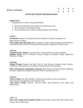 SOFTWARE TESTING METHODOLOGIES
OBJECTIVE:
Fundamentals for various testing methodologies.
• Describe the principles and procedures for designing test cases.
• Provide supports to debugging methods.
• Acts as the reference for software testing techniques and strategies.
UNIT-I:
Introduction: Purpose of Testing, Dichotomies, Model for Testing, Consequences of
Bugs,Taxonomy of Bugs.
Flow graphs and Path testing: Basics Concepts of Path Testing, Predicates, Path Predicates
andAchievable Paths, Path Sensitizing, Path Instrumentation, Application of Path Testing.
UNIT-II:
Transaction Flow Testing: Transaction Flows, Transaction Flow Testing Techniques.
Dataflow testing: Basics of Dataflow Testing, Strategies in Dataflow Testing, Application
ofDataflow Testing.
UNIT-III:
Domain Testing: Domains and Paths, Nice & Ugly Domains, Domain testing, Domains
andInterfaces Testing, Domain and Interface Testing, Domains and Testability.
Paths, Path products and Regular expressions: Path Products & Path Expression, Reduction
Procedure, Applications, Regular Expressions & Flow Anomaly Detection.
UNIT-IV:
Syntax Testing: Why, What and How, A Grammar for formats, Test Case Generation,
Implementation and Application and Testability Tips.
Logic Based Testing: Overview, Decision Tables, Path Expressions, KV Charts, and
Specifications.
UNIT – V:
State, State Graphs and Transition Testing: State Graphs, Good & Bad State Graphs, State
Testing, and Testability Tips.
III Year – II Semester
L T P C
4 0 0 3
 