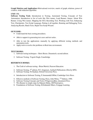 Graph Matrices and Application:-Motivational overview, matrix of graph, relations, power of
a matrix, node reduction algorithm.
UNIT -VI:
Software Testing Tools: Introduction to Testing, Automated Testing, Concepts of Test
Automation, Introduction to list of tools like Win runner, Load Runner, Jmeter, About Win
Runner ,Using Win runner, Mapping the GUI, Recording Test, Working with Test, Enhancing
Test, Checkpoints, Test Script Language, Putting it all together, Running and Debugging Tests,
Analyzing Results, Batch Tests, Rapid Test Script Wizard.
OUTCOME:
• Understand the basic testing procedures.
• Able to support in generating test cases and test suites.
• Able to test the applications manually by applying different testing methods and
automation tools.
• Apply tools to resolve the problems in Real time environment.
TEXT BOOKS:
1. Software testing techniques – Boris Beizer, Dreamtech, second edition.
2. Software Testing- Yogesh Singh, Camebridge
REFERENCE BOOKS:
1. The Craft of software testing - Brian Marick, Pearson Education.
2. Software Testing, 3rd
edition, P.C. Jorgensen, Aurbach Publications (Dist.by SPD).
3. Software Testing, N.Chauhan, Oxford University Press.
4. Introduction to Software Testing, P.Ammann&J.Offutt, Cambridge Univ.Press.
5. Effective methods of Software Testing, Perry, John Wiley, 2nd
Edition, 1999.
6. Software Testing Concepts and Tools, P.NageswaraRao, dreamtech Press
7. Win Runner in simple steps by Hakeem Shittu, 2007Genixpress.
8. Foundations of Software Testing, D.Graham& Others, Cengage Learning.
 