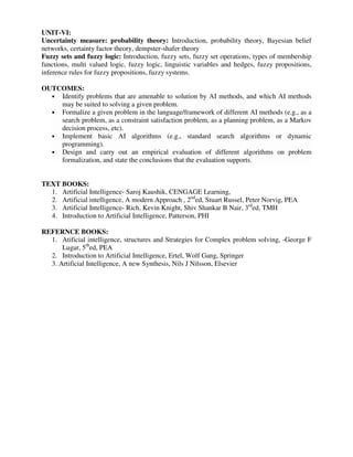 UNIT-VI:
Uncertainty measure: probability theory: Introduction, probability theory, Bayesian belief
networks, certainty factor theory, dempster-shafer theory
Fuzzy sets and fuzzy logic: Introduction, fuzzy sets, fuzzy set operations, types of membership
functions, multi valued logic, fuzzy logic, linguistic variables and hedges, fuzzy propositions,
inference rules for fuzzy propositions, fuzzy systems.
OUTCOMES:
• Identify problems that are amenable to solution by AI methods, and which AI methods
may be suited to solving a given problem.
• Formalize a given problem in the language/framework of different AI methods (e.g., as a
search problem, as a constraint satisfaction problem, as a planning problem, as a Markov
decision process, etc).
• Implement basic AI algorithms (e.g., standard search algorithms or dynamic
programming).
• Design and carry out an empirical evaluation of different algorithms on problem
formalization, and state the conclusions that the evaluation supports.
TEXT BOOKS:
1. Artificial Intelligence- Saroj Kaushik, CENGAGE Learning,
2. Artificial intelligence, A modern Approach , 2nd
ed, Stuart Russel, Peter Norvig, PEA
3. Artificial Intelligence- Rich, Kevin Knight, Shiv Shankar B Nair, 3rd
ed, TMH
4. Introduction to Artificial Intelligence, Patterson, PHI
REFERNCE BOOKS:
1. Atificial intelligence, structures and Strategies for Complex problem solving, -George F
Lugar, 5th
ed, PEA
2. Introduction to Artificial Intelligence, Ertel, Wolf Gang, Springer
3. Artificial Intelligence, A new Synthesis, Nils J Nilsson, Elsevier
 
