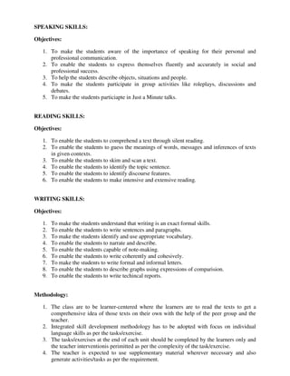 SPEAKING SKILLS:
Objectives:
1. To make the students aware of the importance of speaking for their personal and
professional communication.
2. To enable the students to express themselves fluently and accurately in social and
professional success.
3. To help the students describe objects, situations and people.
4. To make the students participate in group activities like roleplays, discussions and
debates.
5. To make the students particiapte in Just a Minute talks.
READING SKILLS:
Objectives:
1. To enable the students to comprehend a text through silent reading.
2. To enable the students to guess the meanings of words, messages and inferences of texts
in given contexts.
3. To enable the students to skim and scan a text.
4. To enable the students to identify the topic sentence.
5. To enable the students to identify discourse features.
6. To enable the students to make intensive and extensive reading.
WRITING SKILLS:
Objectives:
1. To make the students understand that writing is an exact formal skills.
2. To enable the students to write sentences and paragraphs.
3. To make the students identify and use appropriate vocabulary.
4. To enable the students to narrate and describe.
5. To enable the students capable of note-making.
6. To enable the students to write coherently and cohesively.
7. To make the students to write formal and informal letters.
8. To enable the students to describe graphs using expressions of comparision.
9. To enable the students to write techincal reports.
Methodology:
1. The class are to be learner-centered where the learners are to read the texts to get a
comprehensive idea of those texts on their own with the help of the peer group and the
teacher.
2. Integrated skill development methodology has to be adopted with focus on individual
language skills as per the tasks/exercise.
3. The tasks/exercises at the end of each unit should be completed by the learners only and
the teacher interventionis perimitted as per the complexity of the task/exercise.
4. The teacher is expected to use supplementary material wherever necessary and also
generate activities/tasks as per the requirement.
 
