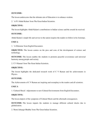 OUTCOME:
The lesson underscores that the ultimate aim of Education is to enhance wisdom.
2. ' A P J Abdul Kalam' from The Great Indian Scientists.
OBJECTIVE:
The lesson highlights Abdul Kalam's contributions to Indian science and the awards he received.
OUTCOME:
Abdul Kalam's simple life and service to the nation inspires the readers to follow in his footsteps.
UNIT 2:
1. ' A Dilemma' from English Encounters
OBJECTIVE: The lesson centres on the pros and cons of the development of science and
technology.
OUTCOME: The lesson enables the students to promote peaceful co-existence and universal
harmony among people and society.
2. 'C V Raman' from The Great Indian Scientists.
OBJECTIVE:
The lesson highlights the dedicated research work of C V Raman and his achievements in
Physics.
OUTCOME:
The Achievements of C V Raman are inspiring and exemplary to the readers and all scientists.
UNIT 3:
1. 'Cultural Shock': Adjustments to new Cultural Environments from English Encounters.
OBJECTIVE:
The lesson depicts of the symptoms of Cultural Shock and the aftermath consequences.
OUTCOME: The lesson imparts the students to manage different cultural shocks due to
globalization.
2. 'Homi Jehangir Bhabha' from The Great Indian Scientists.
 