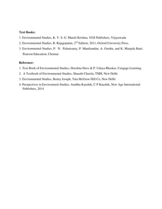 Text Books:
1. Environmental Studies, K. V. S. G. Murali Krishna, VGS Publishers, Vijayawada
2. Environmental Studies, R. Rajagopalan, 2nd
Edition, 2011, Oxford University Press.
3. Environmental Studies, P. N. Palanisamy, P. Manikandan, A. Geetha, and K. Manjula Rani;
Pearson Education, Chennai
Reference:
1. Text Book of Environmental Studies, Deeshita Dave & P. Udaya Bhaskar, Cengage Learning.
2. A Textbook of Environmental Studies, Shaashi Chawla, TMH, New Delhi
3. Environmental Studies, Benny Joseph, Tata McGraw Hill Co, New Delhi
4. Perspectives in Environment Studies, Anubha Kaushik, C P Kaushik, New Age International
Publishers, 2014
 