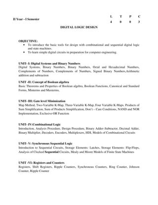 DIGITAL LOGIC DESIGN
OBJECTIVE:
• To introduce the basic tools for design with combinational and sequential digital logic
and state machines.
• To learn simple digital circuits in preparation for computer engineering.
UNIT- I: Digital Systems and Binary Numbers
Digital Systems, Binary Numbers, Binary Numbers, Octal and Hexadecimal Numbers,
Complements of Numbers, Complements of Numbers, Signed Binary Numbers,Arithmetic
addition and subtraction
UNIT -II: Concept of Boolean algebra
Basic Theorems and Properties of Boolean algebra, Boolean Functions, Canonical and Standard
Forms, Minterms and Maxterms,
UNIT- III: Gate level Minimization
Map Method, Two-Variable K-Map, Three-Variable K-Map, Four Variable K-Maps. Products of
Sum Simplification, Sum of Products Simplification, Don’t – Care Conditions, NAND and NOR
Implementation, Exclusive‐OR Function
UNIT- IV:Combinational Logic
Introduction, Analysis Procedure, Design Procedure, Binary Adder–Subtractor, Decimal Adder,
Binary Multiplier, Decoders, Encoders, Multiplexers, HDL Models of Combinational Circuits
UNIT- V: Synchronous Sequential Logic
Introduction to Sequential Circuits, Storage Elements: Latches, Storage Elements: Flip‐Flops,
Analysis of Clocked Sequential Circuits, Mealy and Moore Models of Finite State Machines
UNIT -VI: Registers and Counters
Registers, Shift Registers, Ripple Counters, Synchronous Counters, Ring Counter, Johnson
Counter, Ripple Counter
II Year - I Semester
L T P C
4 0 0 3
 