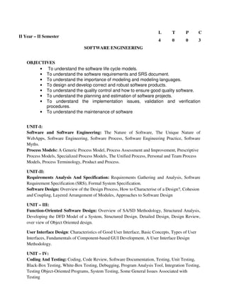 SOFTWARE ENGINEERING
OBJECTIVES
• To understand the software life cycle models.
• To understand the software requirements and SRS document.
• To understand the importance of modeling and modeling languages.
• To design and develop correct and robust software products.
• To understand the quality control and how to ensure good quality software.
• To understand the planning and estimation of software projects.
• To understand the implementation issues, validation and verification
procedures.
• To understand the maintenance of software
UNIT-I:
Software and Software Engineering: The Nature of Software, The Unique Nature of
WebApps, Software Engineering, Software Process, Software Engineering Practice, Software
Myths.
Process Models: A Generic Process Model, Process Assessment and Improvement, Prescriptive
Process Models, Specialized Process Models, The Unified Process, Personal and Team Process
Models, Process Terminology, Product and Process.
UNIT-II:
Requirements Analysis And Specification: Requirements Gathering and Analysis, Software
Requirement Specification (SRS), Formal System Specification.
Software Design: Overview of the Design Process, How to Characterise of a Design?, Cohesion
and Coupling, Layered Arrangement of Modules, Approaches to Software Design
UNIT – III:
Function-Oriented Software Design: Overview of SA/SD Methodology, Structured Analysis,
Developing the DFD Model of a System, Structured Design, Detailed Design, Design Review,
over view of Object Oriented design.
User Interface Design: Characteristics of Good User Interface, Basic Concepts, Types of User
Interfaces, Fundamentals of Component-based GUI Development, A User Interface Design
Methodology.
UNIT – IV:
Coding And Testing: Coding, Code Review, Software Documentation, Testing, Unit Testing,
Black-Box Testing, White-Box Testing, Debugging, Program Analysis Tool, Integration Testing,
Testing Object-Oriented Programs, System Testing, Some General Issues Associated with
Testing
II Year – II Semester
L T P C
4 0 0 3
 