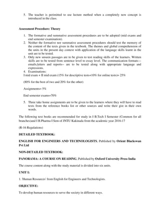 5. The teacher is perimitted to use lecture method when a completely new concept is
introduced in the class.
Assessment Procedure: Theory
1. The formative and summative assessment procedures are to be adopted (mid exams and
end semester examination).
2. Neither the formative nor summative assessment procedures should test the memory of
the content of the texts given in the textbook. The themes and global comprehension of
the units in the present day context with application of the langauge skills learnt in the
unit are to be tested.
3. Only new unseen passages are to be given to test reading skills of the learners. Written
skills are to be tested from sentence level to essay level. The communication formats—
emails,letters and reports-- are to be tested along with appropriate langauge and
expressions.
4. Examinations:
I mid exam + II mid exam (15% for descriptive tests+10% for online tests)= 25%
(80% for the best of two and 20% for the other)
Assignments= 5%
End semester exams=70%
5. Three take home assignments are to be given to the learners where they will have to read
texts from the reference books list or other sources and write their gist in their own
words.
The following text books are recommended for study in I B.Tech I Semester (Common for all
branches)and I B.Pharma I Sem of JNTU Kakinada from the academic year 2016-17
(R-16 Regulations)
DETAILED TEXTBOOK:
ENGLISH FOR ENGINEERS AND TECHNOLOGISTS, Published by Orient Blackswan
Pvt Ltd
NON-DETAILED TEXTBOOK:
PANORAMA: A COURSE ON READING, Published by Oxford University Press India
The course content along with the study material is divided into six units.
UNIT I:
1. 'Human Resources' from English for Engineers and Technologists.
OBJECTIVE:
To develop human resources to serve the society in different ways.
 