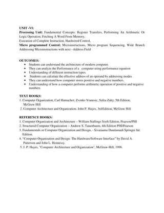 UNIT -VI:
Processing Unit: Fundamental Concepts: Register Transfers, Performing An Arithmetic Or
Logic Operation, Fetching A Word From Memory,
Execution of Complete Instruction, Hardwired Control,
Micro programmed Control: Microinstructions, Micro program Sequencing, Wide Branch
Addressing Microinstructions with next –Address Field
OUTCOMES:
• Students can understand the architecture of modern computer.
• They can analyze the Performance of a computer using performance equation
• Understanding of different instruction types.
• Students can calculate the effective address of an operand by addressing modes
• They can understand how computer stores positive and negative numbers.
• Understanding of how a computer performs arithmetic operation of positive and negative
numbers.
TEXT BOOKS:
1. Computer Organization, Carl Hamacher, Zvonks Vranesic, Safea Zaky, 5th Edition,
McGraw Hill.
2. Computer Architecture and Organization, John P. Hayes, 3rd Edition, McGraw Hill.
REFERENCE BOOKS:
1. Computer Organization and Architecture – William Stallings Sixth Edition, Pearson/PHI
2. Structured Computer Organization – Andrew S. Tanenbaum, 4th Edition PHI/Pearson
3. Fundamentals or Computer Organization and Design, - Sivaraama Dandamudi Springer Int.
Edition.
4. “Computer Organization and Design: The Hardware/Software Interface” by David A.
Patterson and John L. Hennessy.
5. J .P. Hayes, "Computer Architecture and Organization", McGraw-Hill, 1998.
 