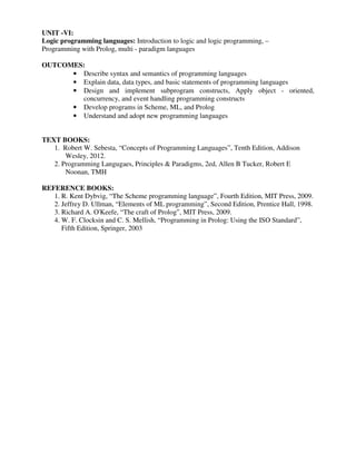 UNIT -VI:
Logic programming languages: Introduction to logic and logic programming, –
Programming with Prolog, multi - paradigm languages
OUTCOMES:
• Describe syntax and semantics of programming languages
• Explain data, data types, and basic statements of programming languages
• Design and implement subprogram constructs, Apply object - oriented,
concurrency, and event handling programming constructs
• Develop programs in Scheme, ML, and Prolog
• Understand and adopt new programming languages
TEXT BOOKS:
1. Robert W. Sebesta, “Concepts of Programming Languages”, Tenth Edition, Addison
Wesley, 2012.
2. Programming Langugaes, Principles & Paradigms, 2ed, Allen B Tucker, Robert E
Noonan, TMH
REFERENCE BOOKS:
1. R. Kent Dybvig, “The Scheme programming language”, Fourth Edition, MIT Press, 2009.
2. Jeffrey D. Ullman, “Elements of ML programming”, Second Edition, Prentice Hall, 1998.
3. Richard A. O'Keefe, “The craft of Prolog”, MIT Press, 2009.
4. W. F. Clocksin and C. S. Mellish, “Programming in Prolog: Using the ISO Standard”,
Fifth Edition, Springer, 2003
 