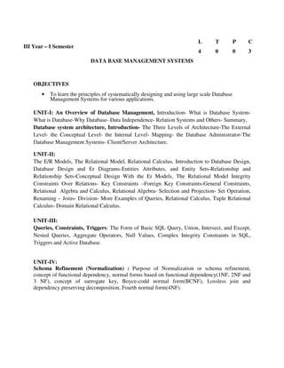 DATA BASE MANAGEMENT SYSTEMS
OBJECTIVES
• To learn the principles of systematically designing and using large scale Database
Management Systems for various applications.
UNIT-I: An Overview of Database Management, Introduction- What is Database System-
What is Database-Why Database- Data Independence- Relation Systems and Others- Summary,
Database system architecture, Introduction- The Three Levels of Architecture-The External
Level- the Conceptual Level- the Internal Level- Mapping- the Database Administrator-The
Database Management Systems- Client/Server Architecture.
UNIT-II:
The E/R Models, The Relational Model, Relational Calculus, Introduction to Database Design,
Database Design and Er Diagrams-Entities Attributes, and Entity Sets-Relationship and
Relationship Sets-Conceptual Design With the Er Models, The Relational Model Integrity
Constraints Over Relations- Key Constraints –Foreign Key Constraints-General Constraints,
Relational Algebra and Calculus, Relational Algebra- Selection and Projection- Set Operation,
Renaming – Joins- Division- More Examples of Queries, Relational Calculus, Tuple Relational
Calculus- Domain Relational Calculus.
UNIT-III:
Queries, Constraints, Triggers: The Form of Basic SQL Query, Union, Intersect, and Except,
Nested Queries, Aggregate Operators, Null Values, Complex Integrity Constraints in SQL,
Triggers and Active Database.
UNIT-IV:
Schema Refinement (Normalization) : Purpose of Normalization or schema refinement,
concept of functional dependency, normal forms based on functional dependency(1NF, 2NF and
3 NF), concept of surrogate key, Boyce-codd normal form(BCNF), Lossless join and
dependency preserving decomposition, Fourth normal form(4NF).
III Year – I Semester
L T P C
4 0 0 3
 