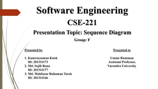Software Engineering
CSE-221
Presentation Topic: Sequence Diagram
Group: F
Presented by
1. Kamruzzaman Knok
ID: 201311173
2. Md. Sojib Rana
ID: 201311177
3. Md. Mahfuzar Rahaman Tarek
ID: 201311166
Presented to
Umme Rumman
Assistant Professor,
Varendra University
 