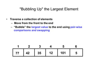 "Bubbling Up" the Largest Element
• Traverse a collection of elements
– Move from the front to the end
– “Bubble” the largest value to the end using pair-wise
comparisons and swapping
77 42 35 12 101 5
1 2 3 4 5 6
 