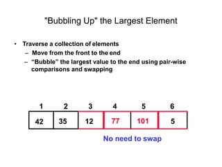 "Bubbling Up" the Largest Element
• Traverse a collection of elements
– Move from the front to the end
– “Bubble” the largest value to the end using pair-wise
comparisons and swapping
42 35 12 77 101 5
1 2 3 4 5 6
No need to swap
 