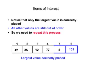 Items of Interest
• Notice that only the largest value is correctly
placed
• All other values are still out of order
• So we need to repeat this process
42 35 12 77 5 101
1 2 3 4 5 6
Largest value correctly placed
 