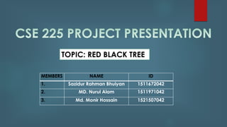 TOPIC: RED BLACK TREE
MEMBERS NAME ID
1. Sazidur Rahman Bhuiyan 1511672042
2. MD. Nurul Alam 1511971042
3. Md. Monir Hossain 1521507042
 