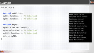 Javier Gonzalez-Sanchez | CSE 240 | Fall 2017 | 5
Example
int main() {
Derived myPQ1(50);
myPQ1.function(); // inherited
myPQ1.function(); // inherited
Derived *myPQ2;
myPQ2 = new Derived(50);
myPQ2->function(); // inherited
myPQ2->function(); // inherited
delete myPQ2;
}
 